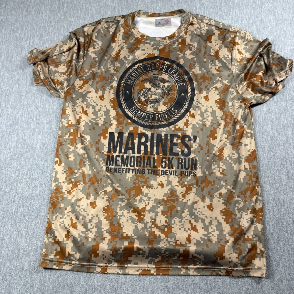 A4 T-Shirt‎ Men's L Tan Desert Digital Camo Marine Corps League 5K Run Gym Top